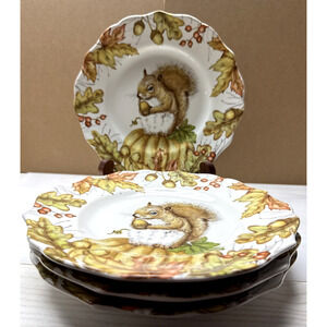 Lot of 4 Pier 1 Mazey The Squirrel Salad Plates 8.5" Pumpkin Fall Acorn